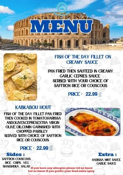 Menu page with images of fish dishes and a photo of the Roman Colosseum. The menu features Fish of the Day Fillet on Creamy Sauce and Kabkabou Hout, with options for saffron rice or couscous. Prices are listed as $22.99.