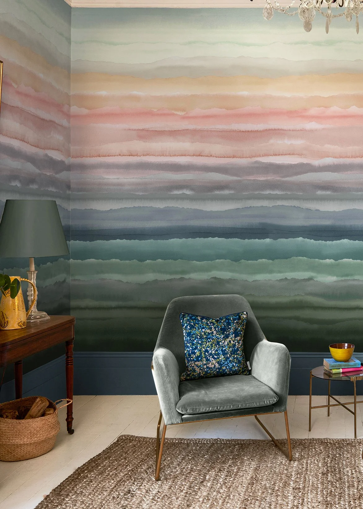 AZPR – Client, Clarissa Hulse, wallpaper, cushion, fabric, chair, living room