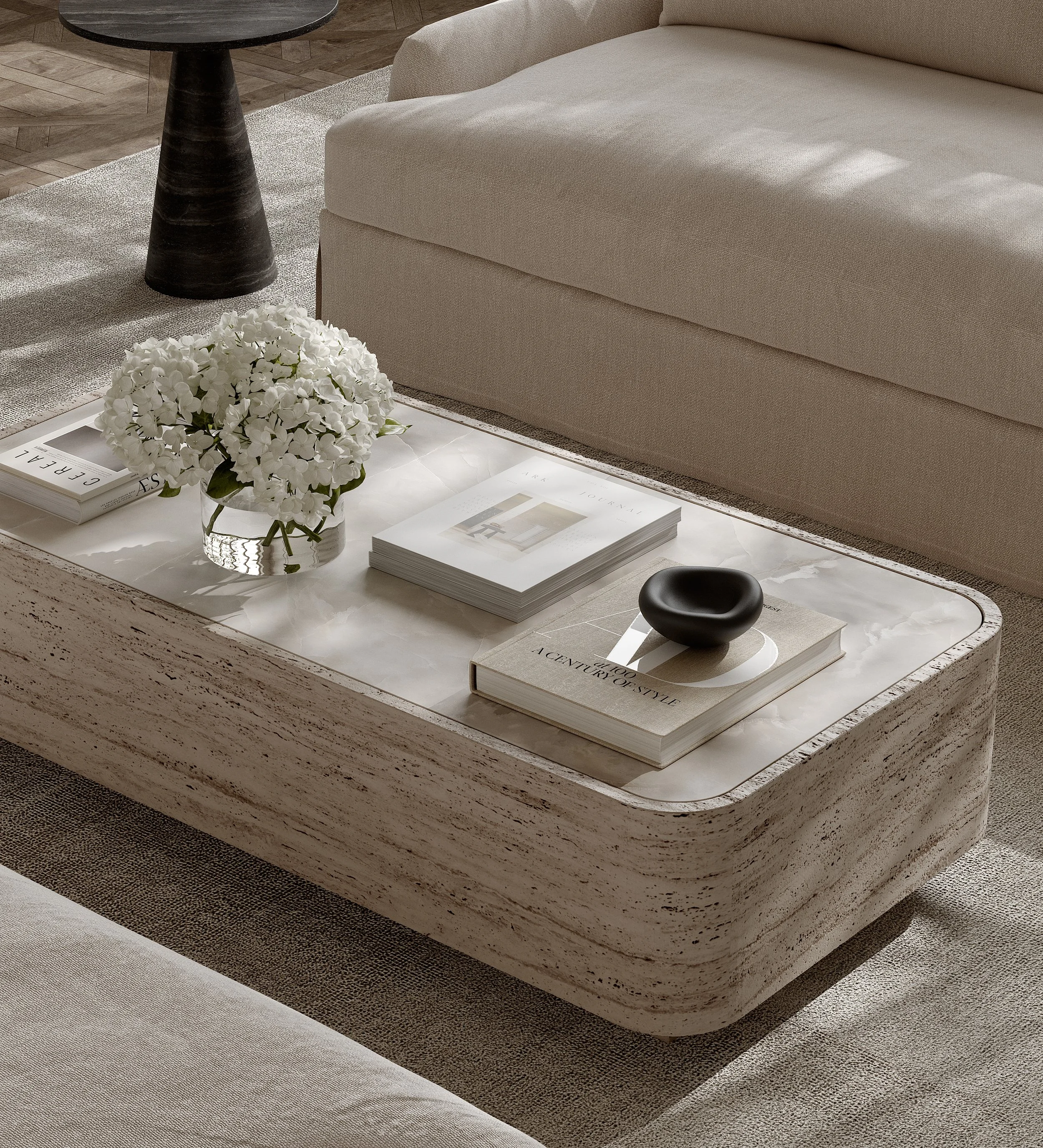 AZPR – Client, Collection Noir, coffee table, sofas, side table, books.jpg