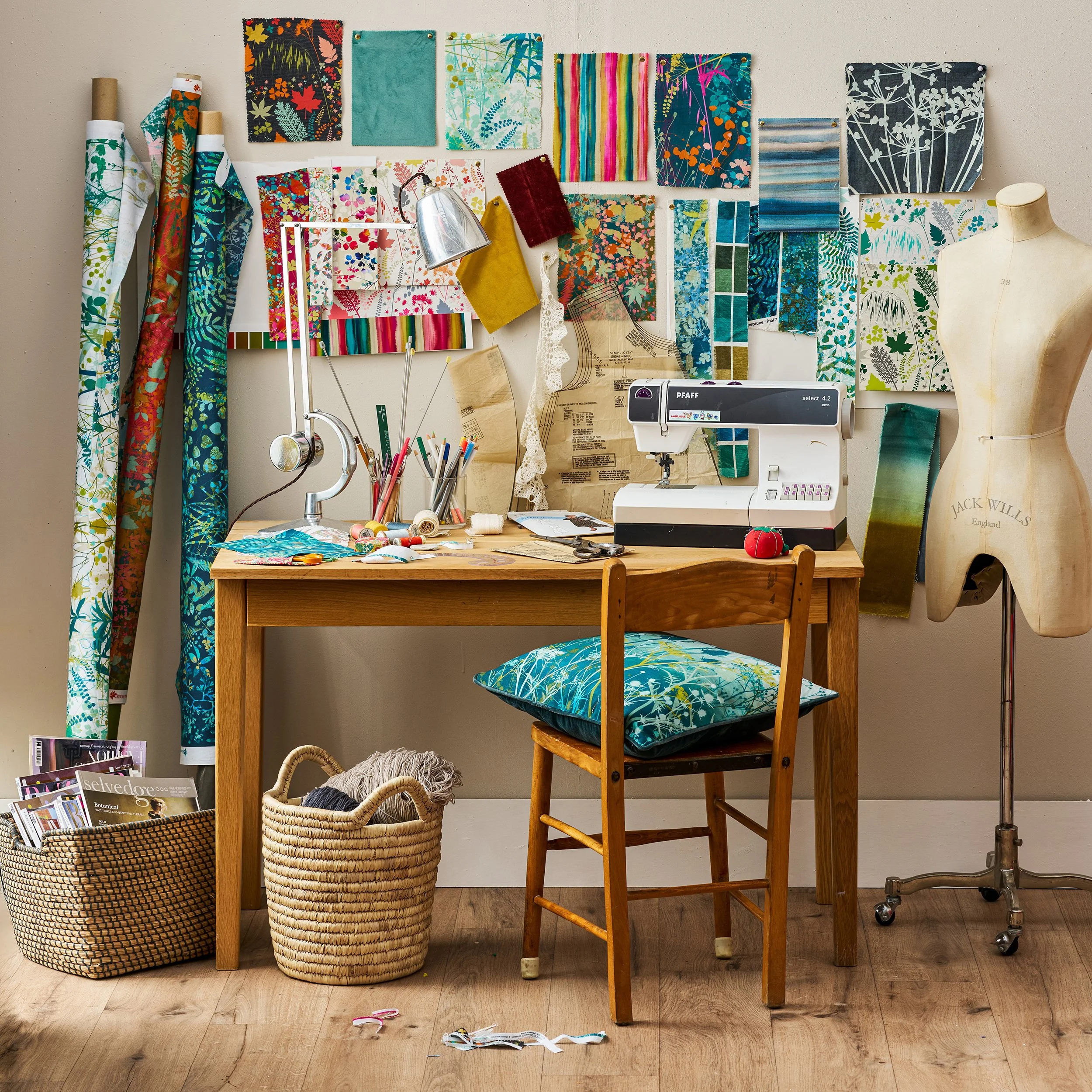 AZPR – Client, Clarissa Hulse, moodpboard, fabrics, wallpaper, cushion, desk.jpg