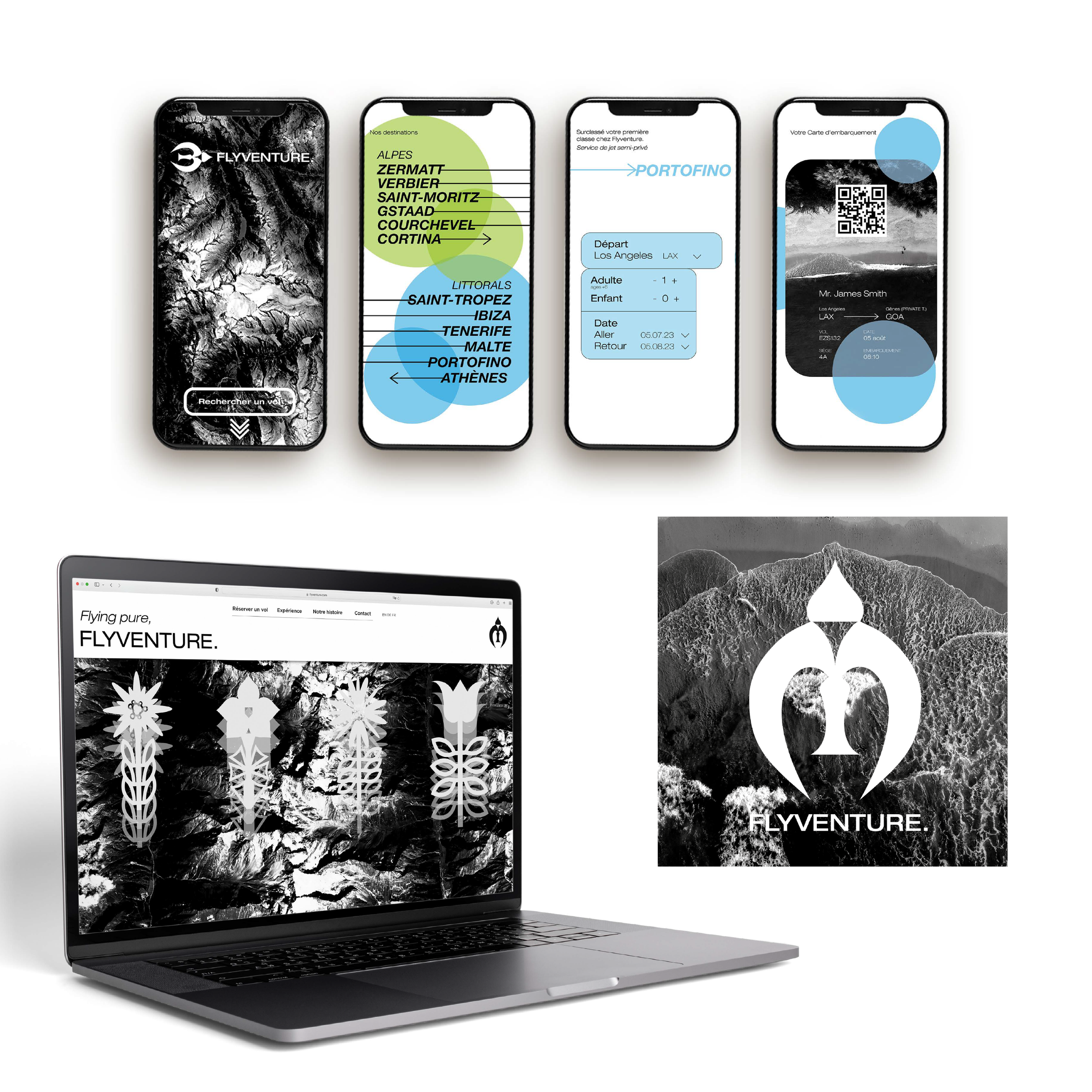 Capture d'écran de plusieurs smartphones affichant une application de réservation de voyages, un site web avec un logo de style floral, et un logo de FLYVENTURE avec un fond de montagnes en noir et blanc.