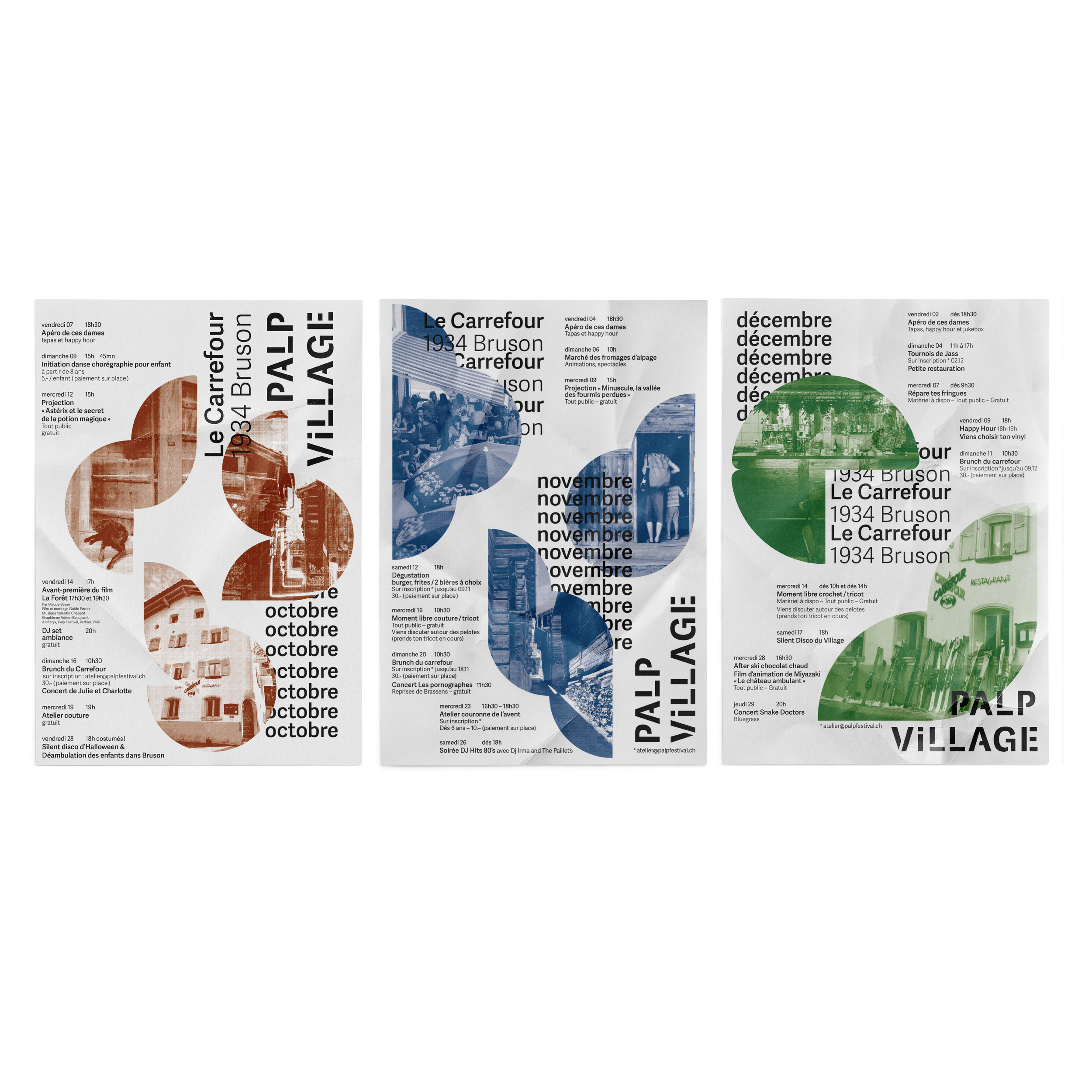 Design graphique avec trois sections verticales, chacune avec des images mosaïques de bâtiments et d'activités communautaires, en brun, bleu et vert, contenant du texte en français sur un village, des événements et des dates.