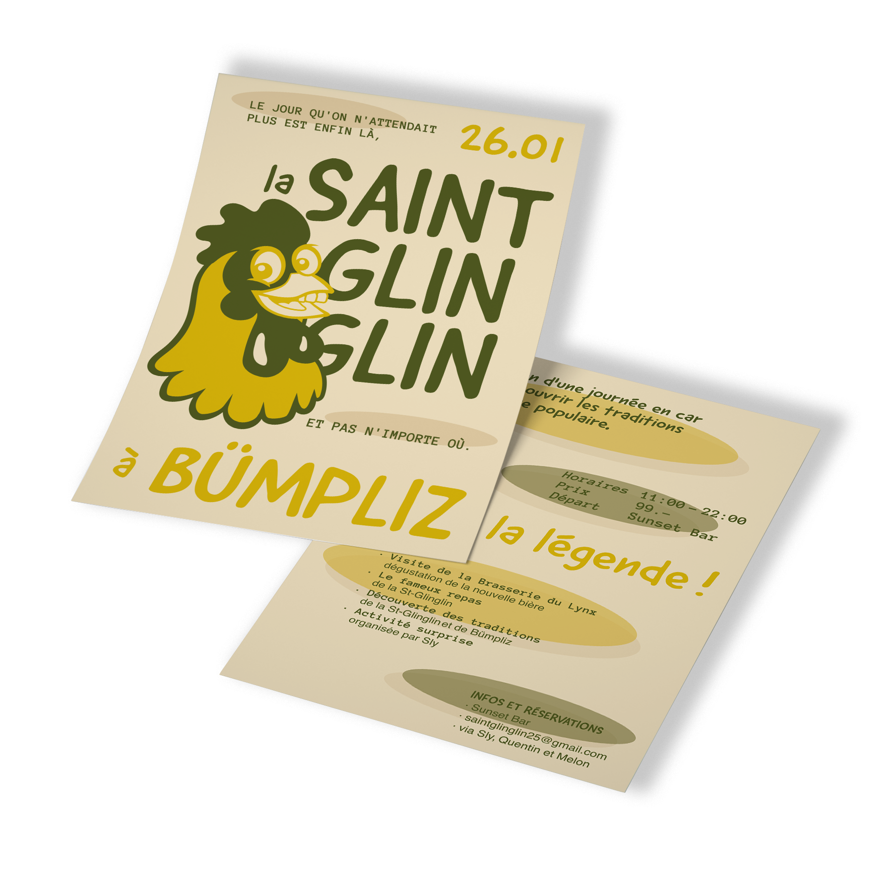 Flyers promotionnels pour une journée à Bümpliz, avec un dessin caricatural d'une poule et des textes en français concernant l'événement.