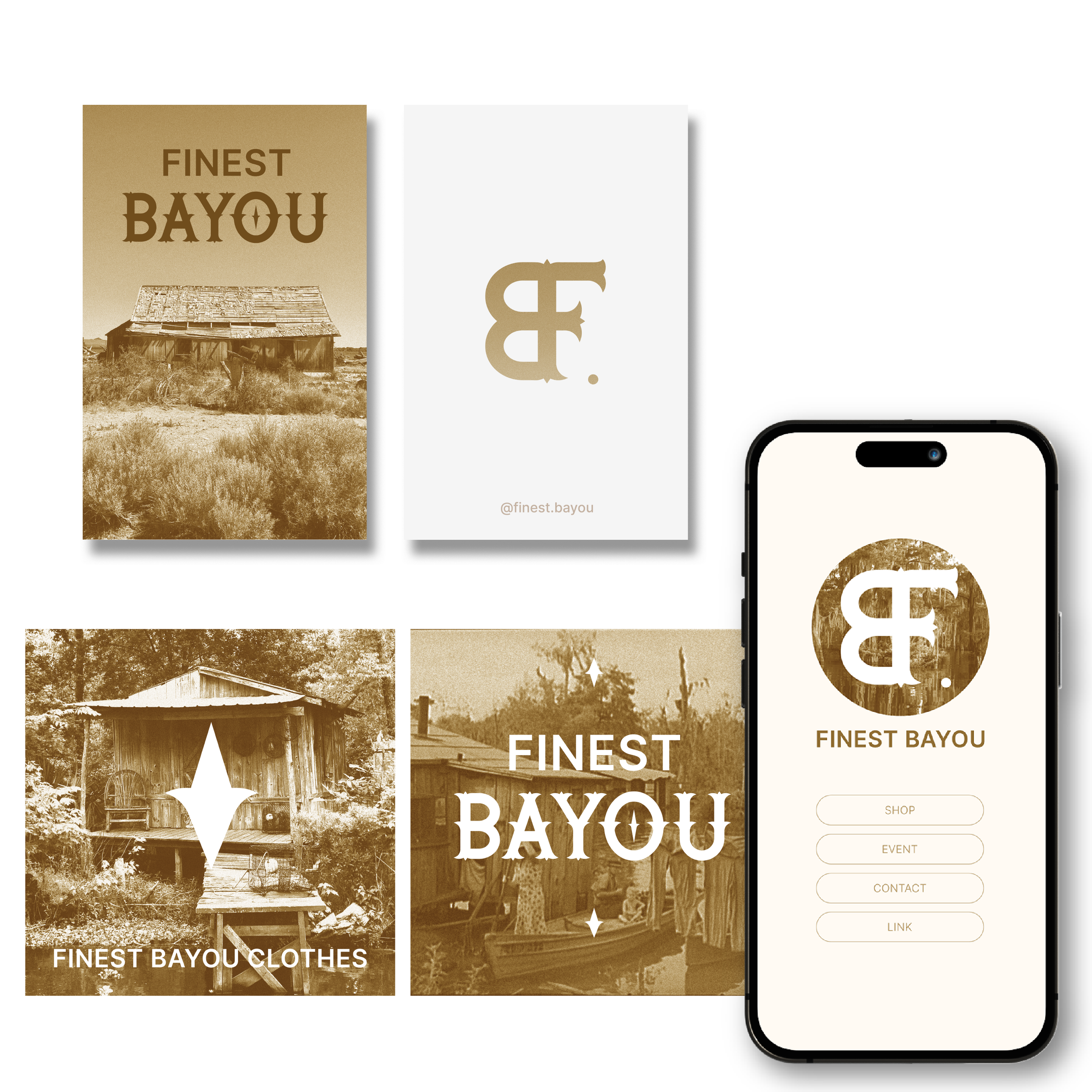 Collection d'images et d'une maquette d'application pour une marque nommée 'Finest Bayou' avec un logo stylisé 'FB', des photos de bâtiments anciens dans un style vintage, et un design en tons beige et marron.