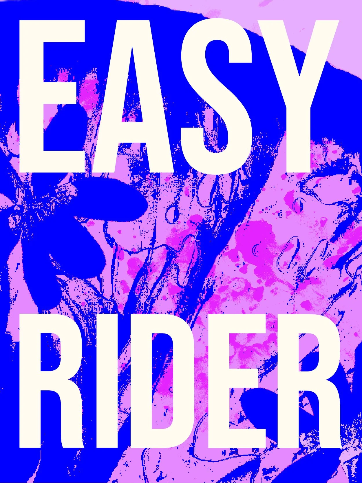 Texte en gros caractères blancs disant « EASY RIDER » sur un fond artistique en violet et bleu avec des illustrations de branches et de feuilles d'arbre.
