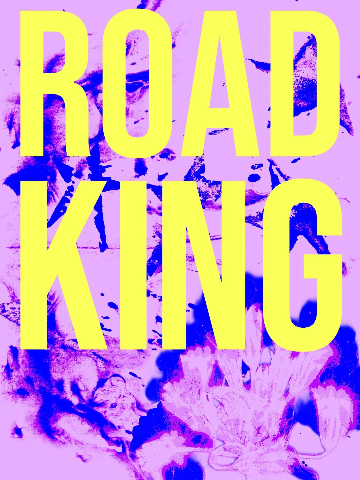 Texte en jaune disant 'ROAD KING' sur un fond violet avec des illustrations bleu foncé de nature, comprenant des fleurs et des feuilles.