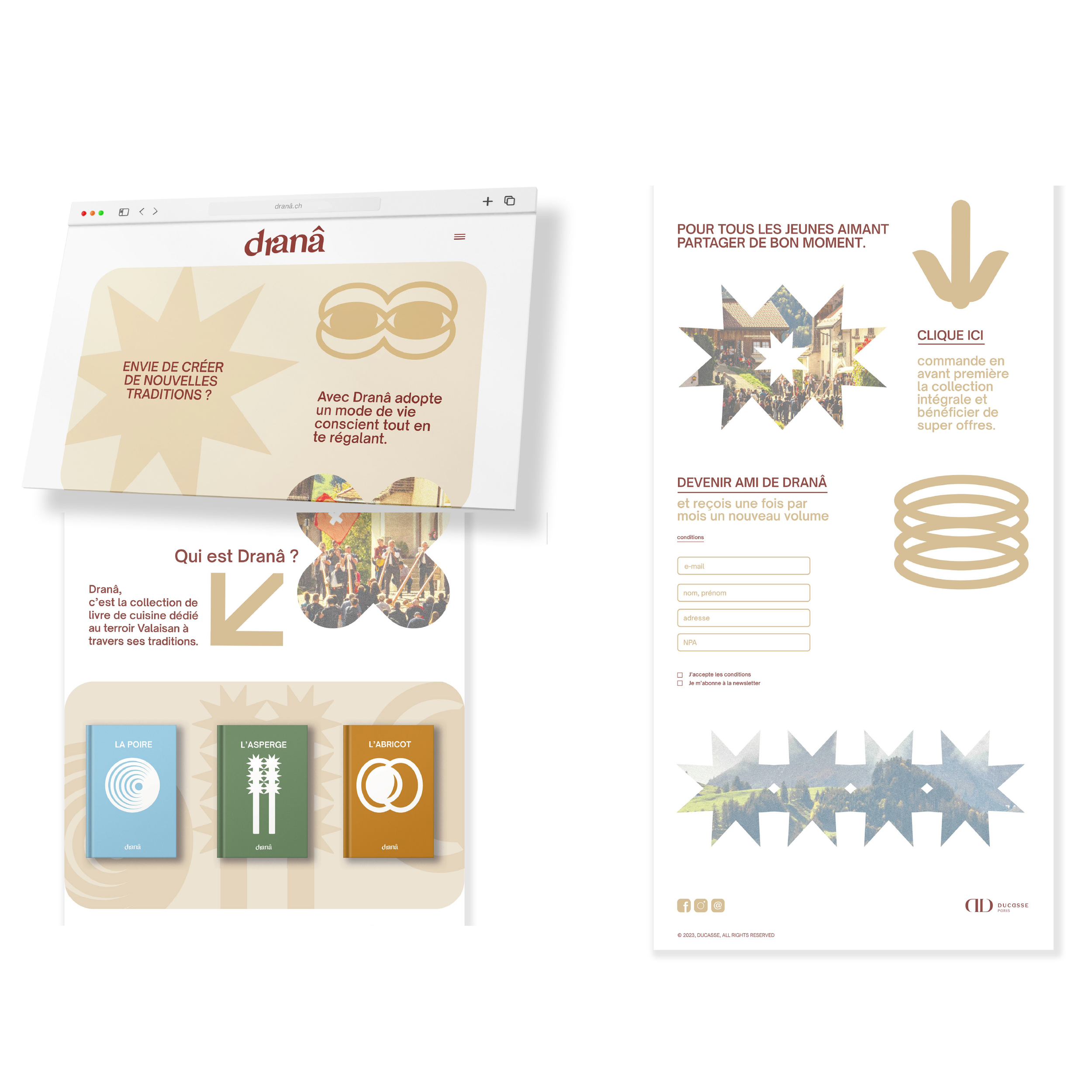 Page web avec titre 'dranâ', section sur la création de nouvelles traditions, collection de livres avec titres 'La Poire', 'L'Asperge', et 'L'Abricot', image d'une foule lors d'un événement communautaire, formulaire d'inscription pour devenir ami de Dranâ, icônes de réseaux sociaux, logo en bas à droite.