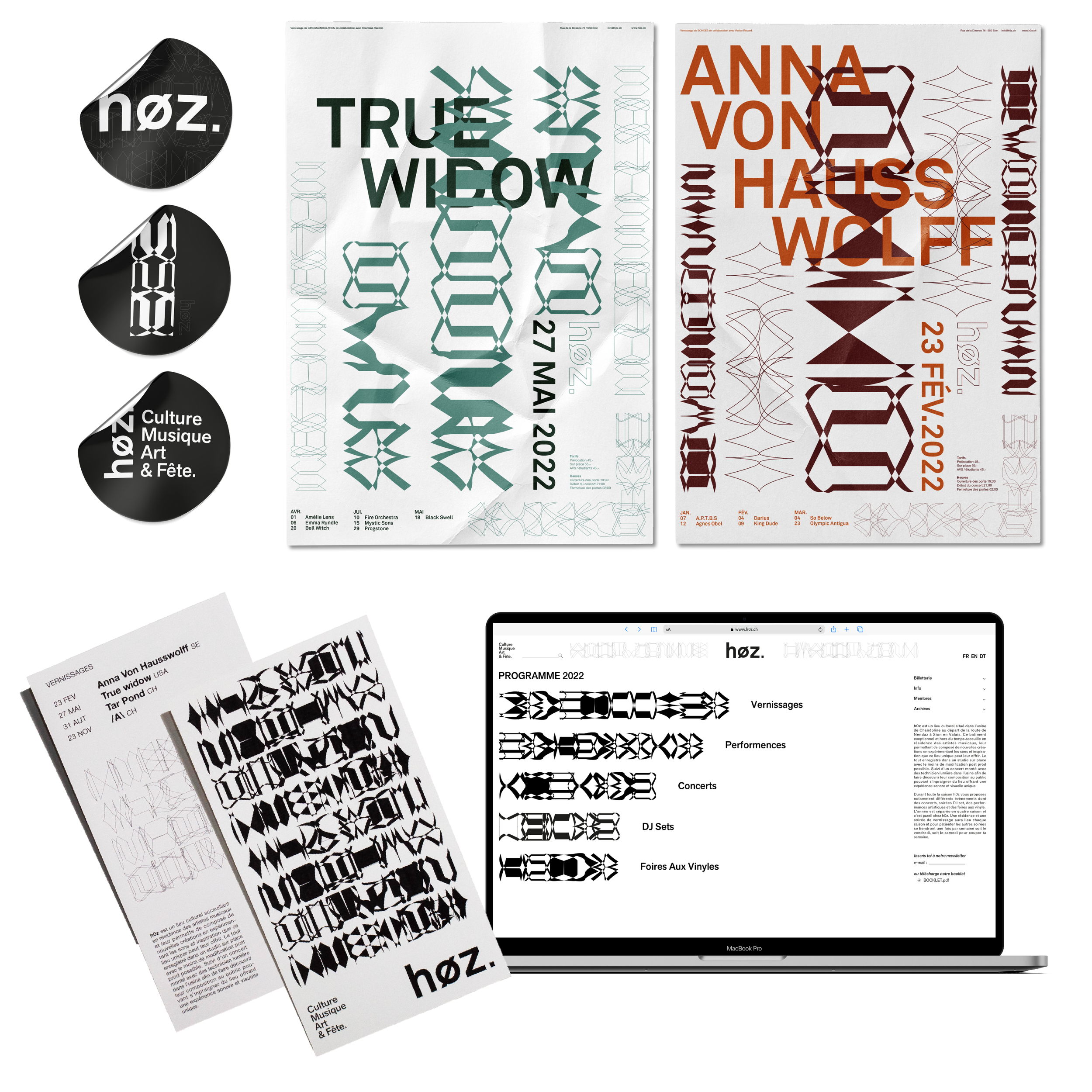 Affiches et documents promotionnels pour l'événement 'höz.', met en avant la programmation de 2022 comprenant des vernissages, performances, concerts et DJ sets, avec une esthétique graphique moderne et abstraite.
