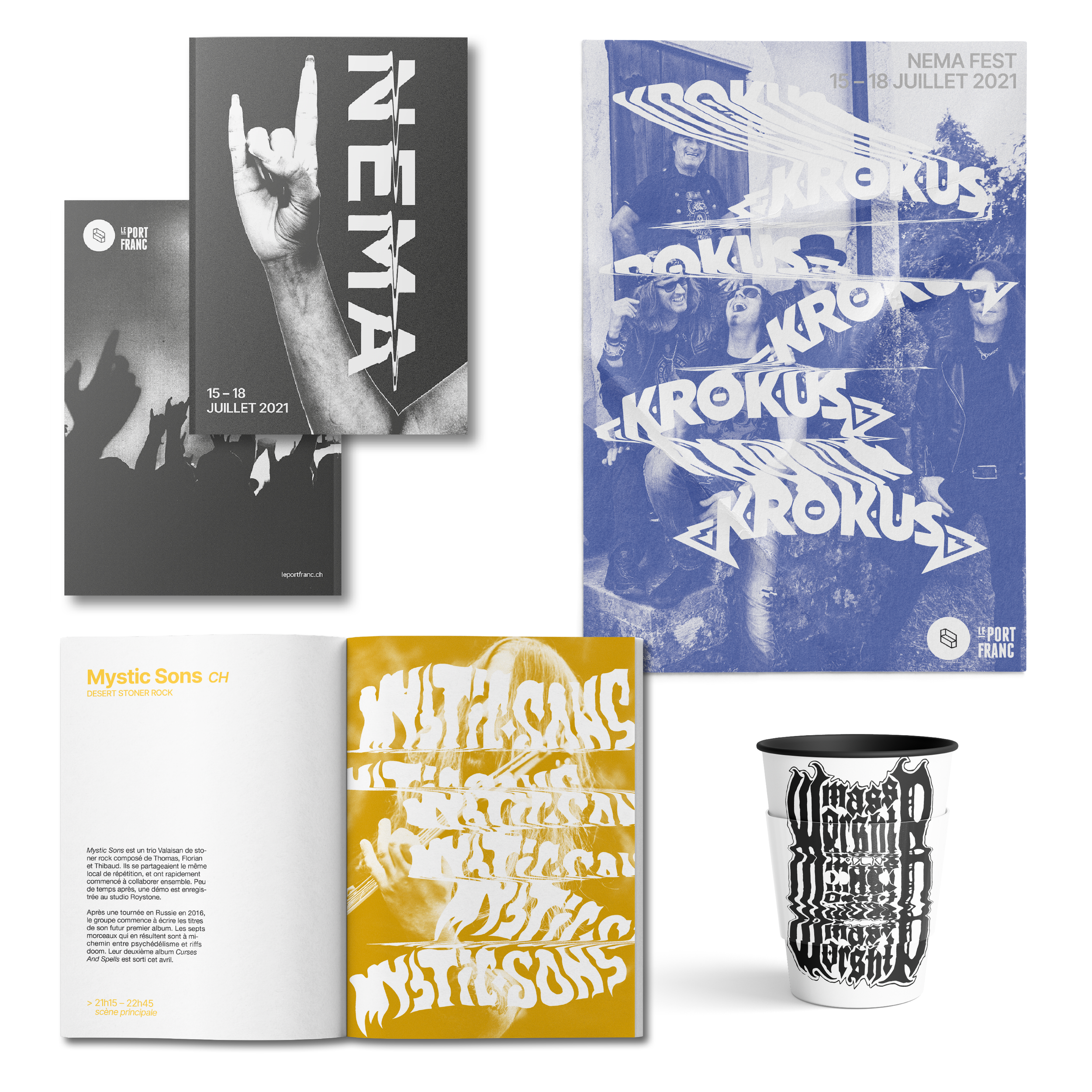 Collection de posters et un gobelet promotionnels pour l'événement Mystic Sons à Tournée en Russie, avec des images de personnes en concert, et des designs typographiques stylisés.