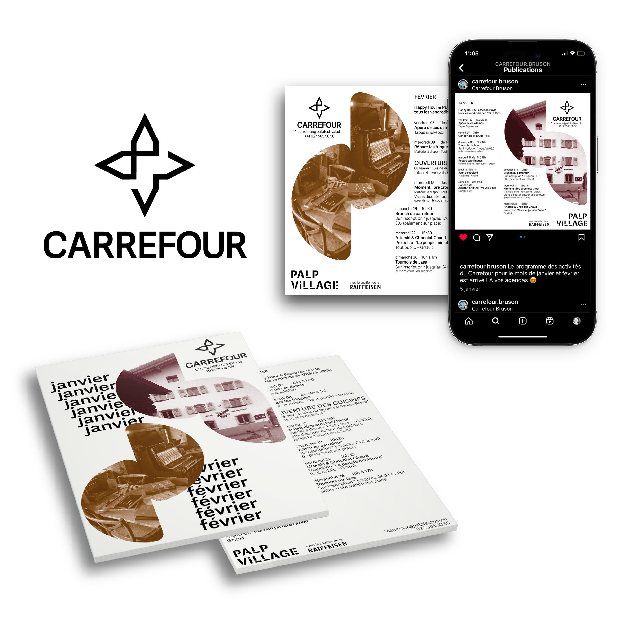Flyers et une publication Instagram présentant des activités du Carrefour Bruison pour janvier et février, avec des images d'intérieur, et une logo du Carrefour.