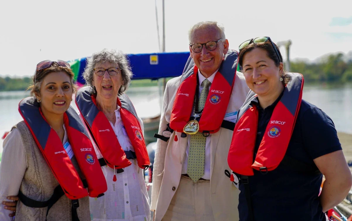 Paralympian Hannah Stodel, MP Nusrat Ghani, Councillor David Osborne and Mariners of Bewl founder Jennie Humm at the launch ceremony of the purpose-built powerboat Jennie at Bewl Water.