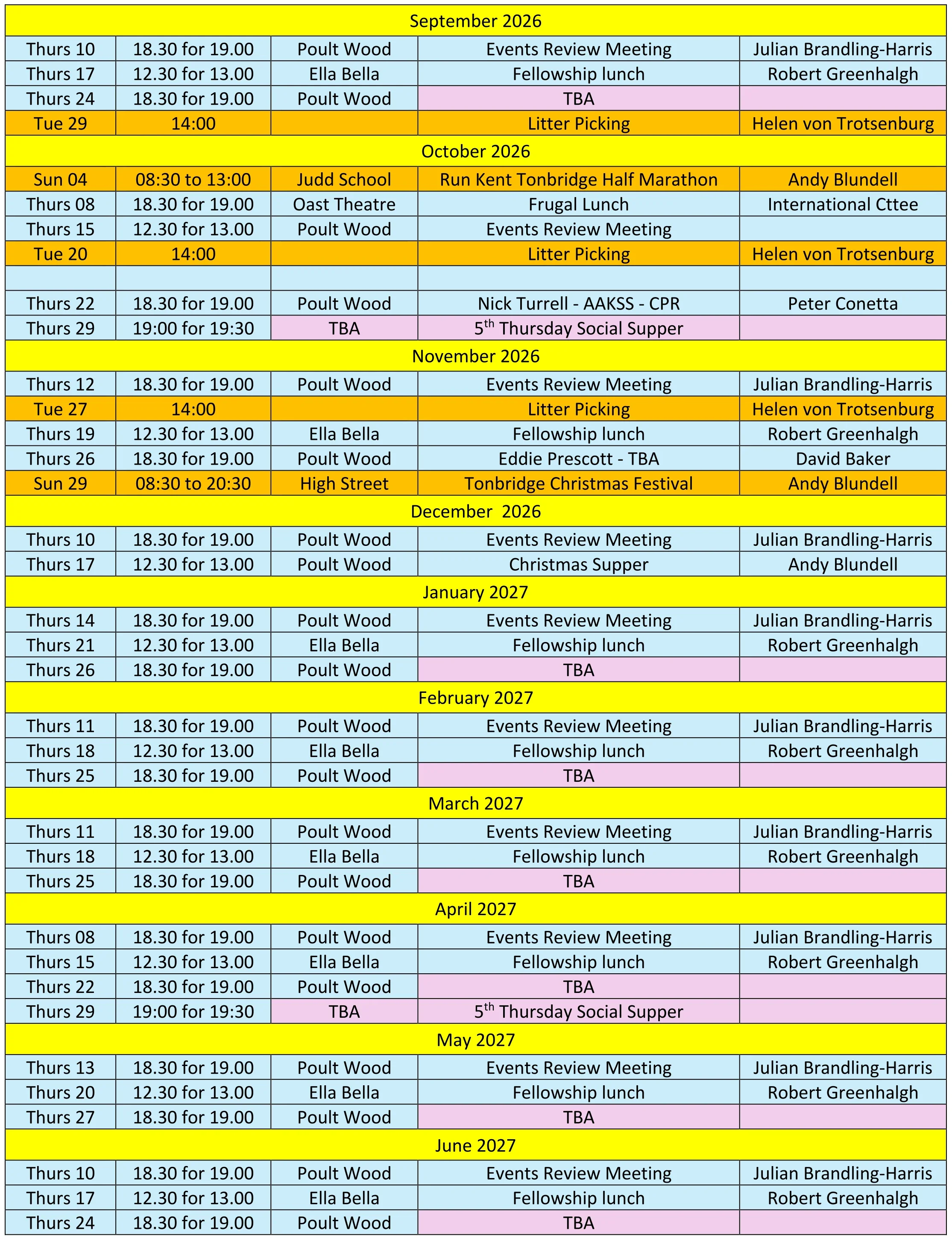 Rotary Club diary Sept 2026 ro June 2027