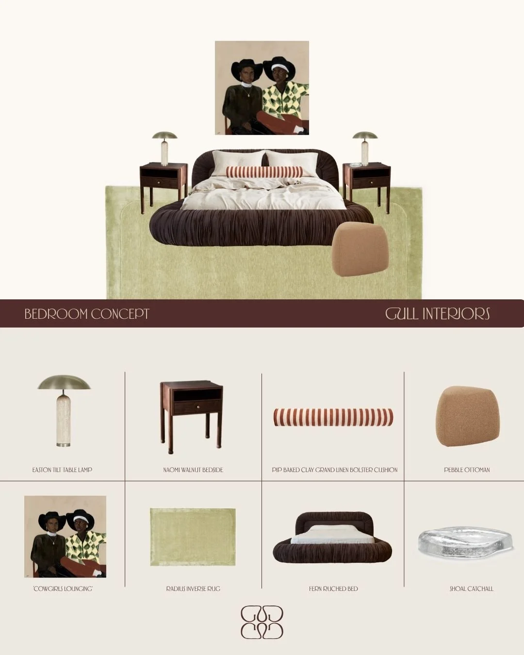 Rich chocolate, sage green, brushed metal, and a painting that anchors the whole room. 

A full bedroom concept curated by the Interior Design team. 

#GullDesign #InteriorDesign #Noosa #Bedroom #InteriorDesigner