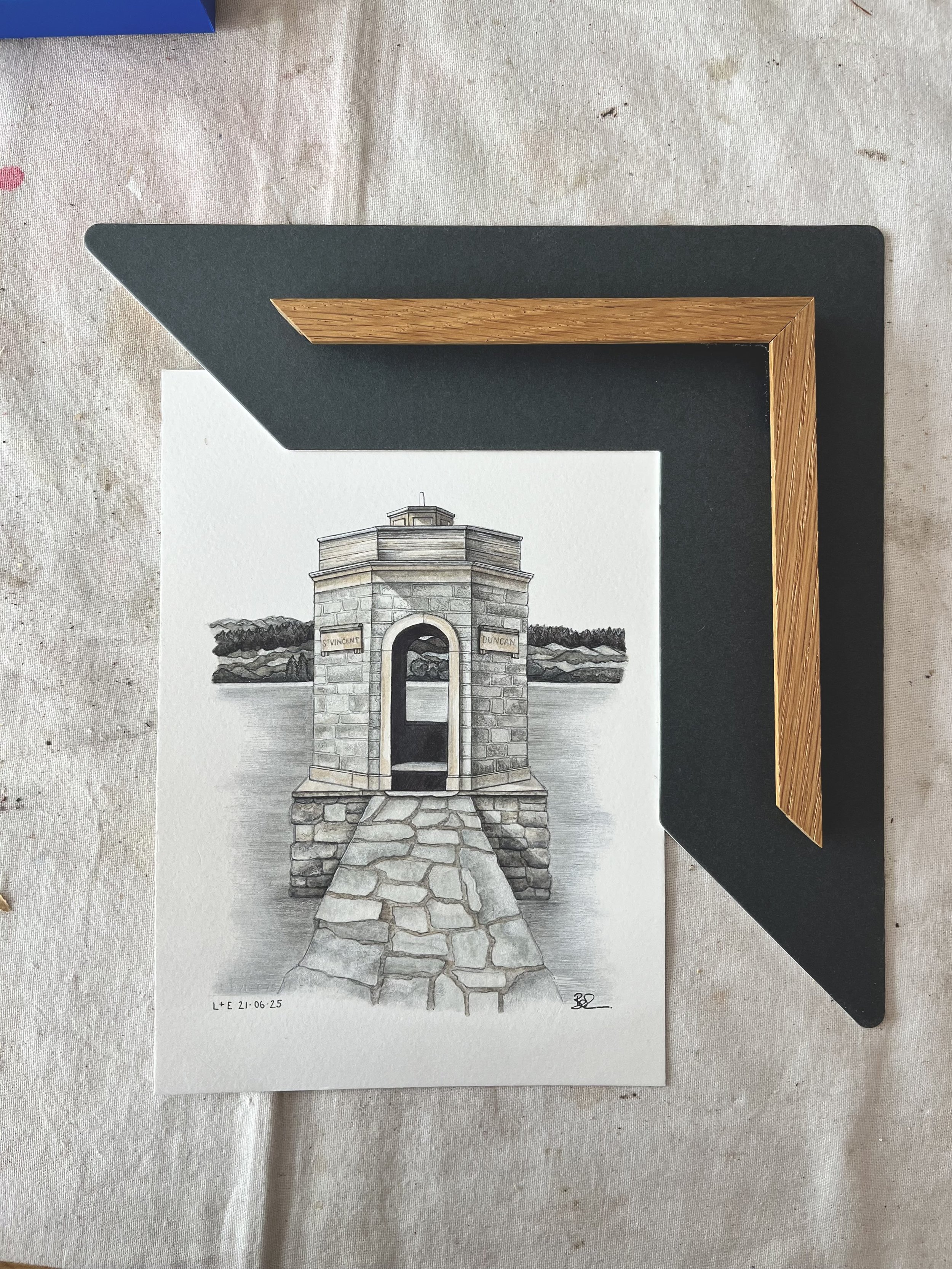 A detailed pencil and watercolor drawing of a stone monument by the water, with a bridge leading to it, and trees in the background. The monument has two plaques labeled 'St Vincent' and 'Duncan' and is signed with initials and date.