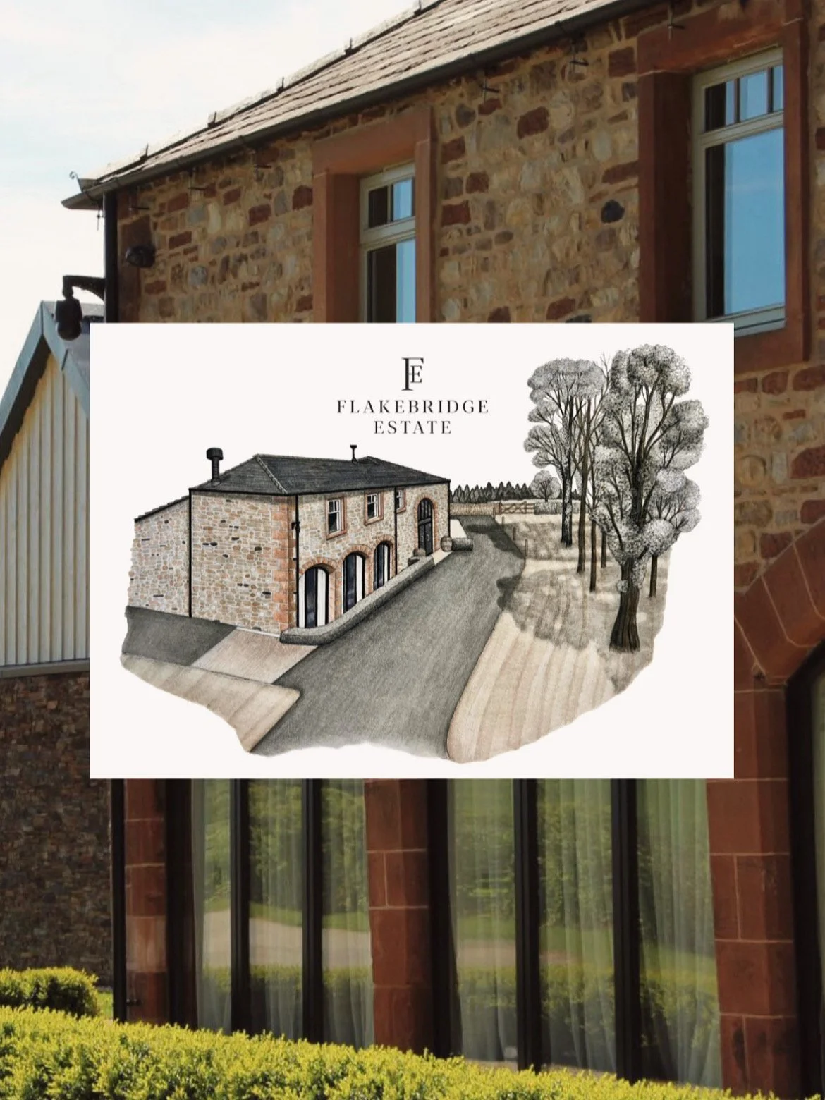 Overlay of a sketch of a stone building with trees and a road, labeled 'Flakebridge Estate,' placed over a photo of a stone exterior house with a brick and stone facade and large windows.