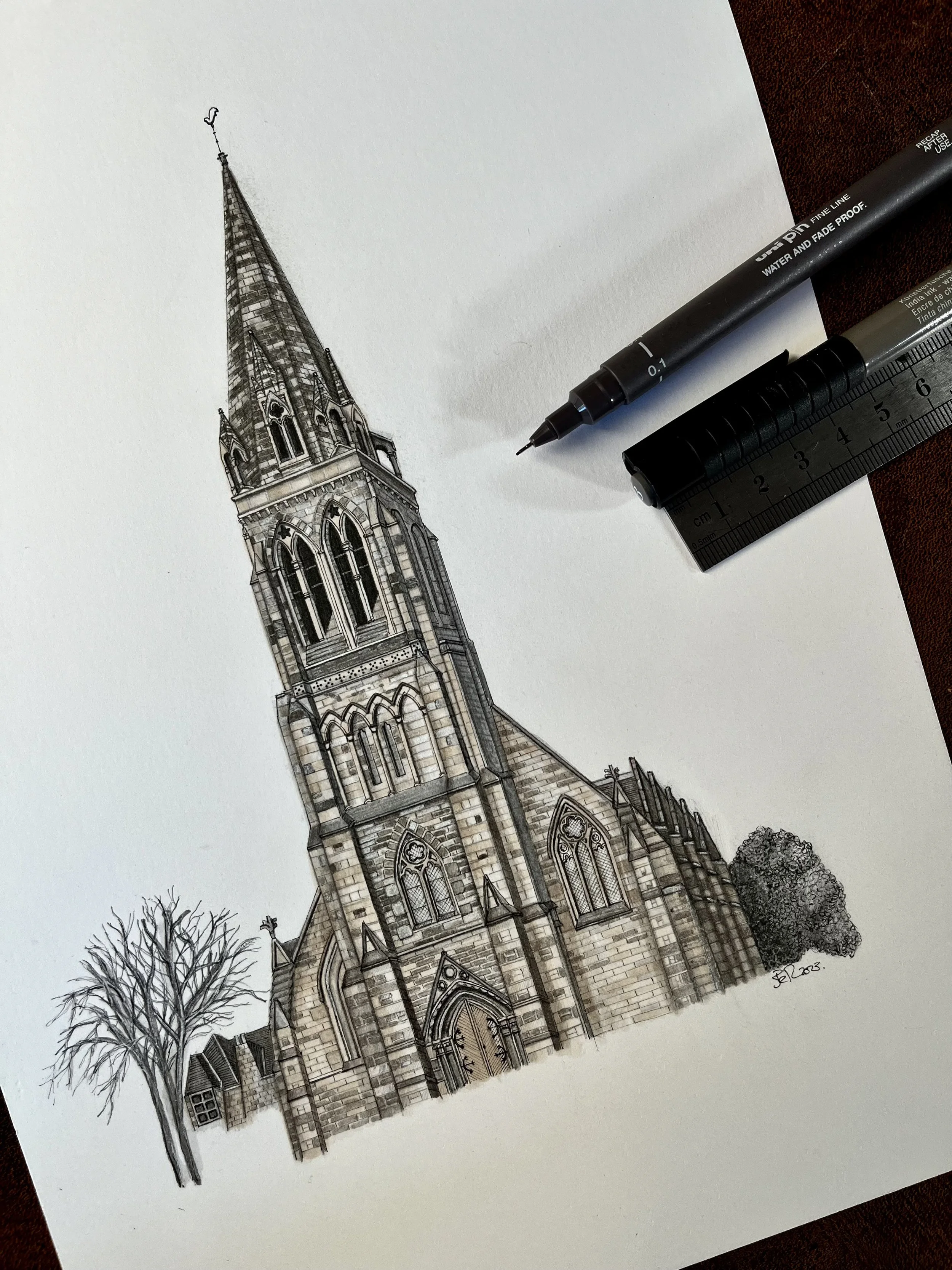 Drawing of a Gothic-style church with a tall, pointed spire, arched windows, and detailed stonework, with a leafless tree and a bush in the foreground.