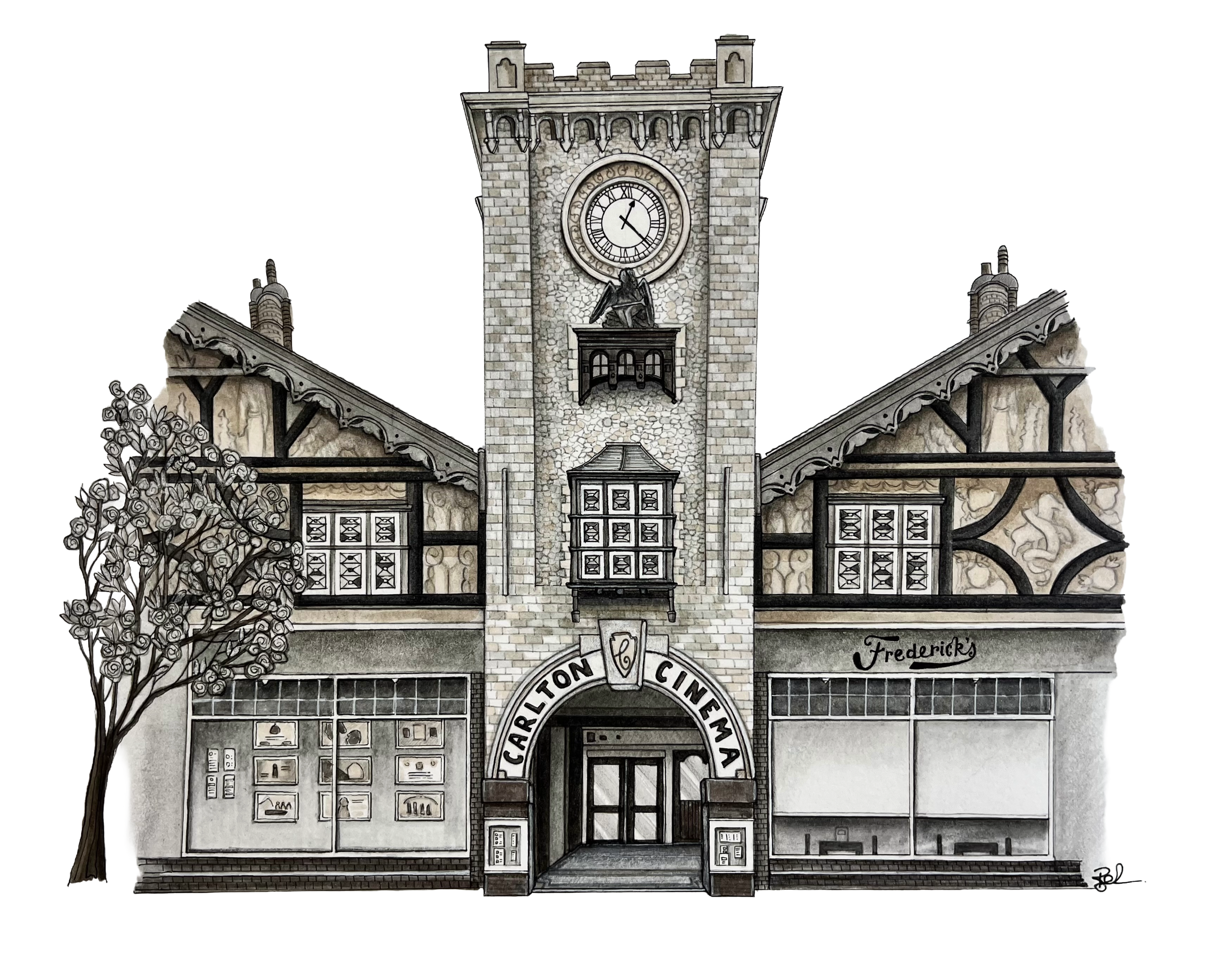 Black and white illustration of a historic building with a clock tower, cinema signage, and a storefront named Frederick's. The building features detailed architectural elements, with what appears to be a clock showing 1:21. There is a tree on the left side of the building.