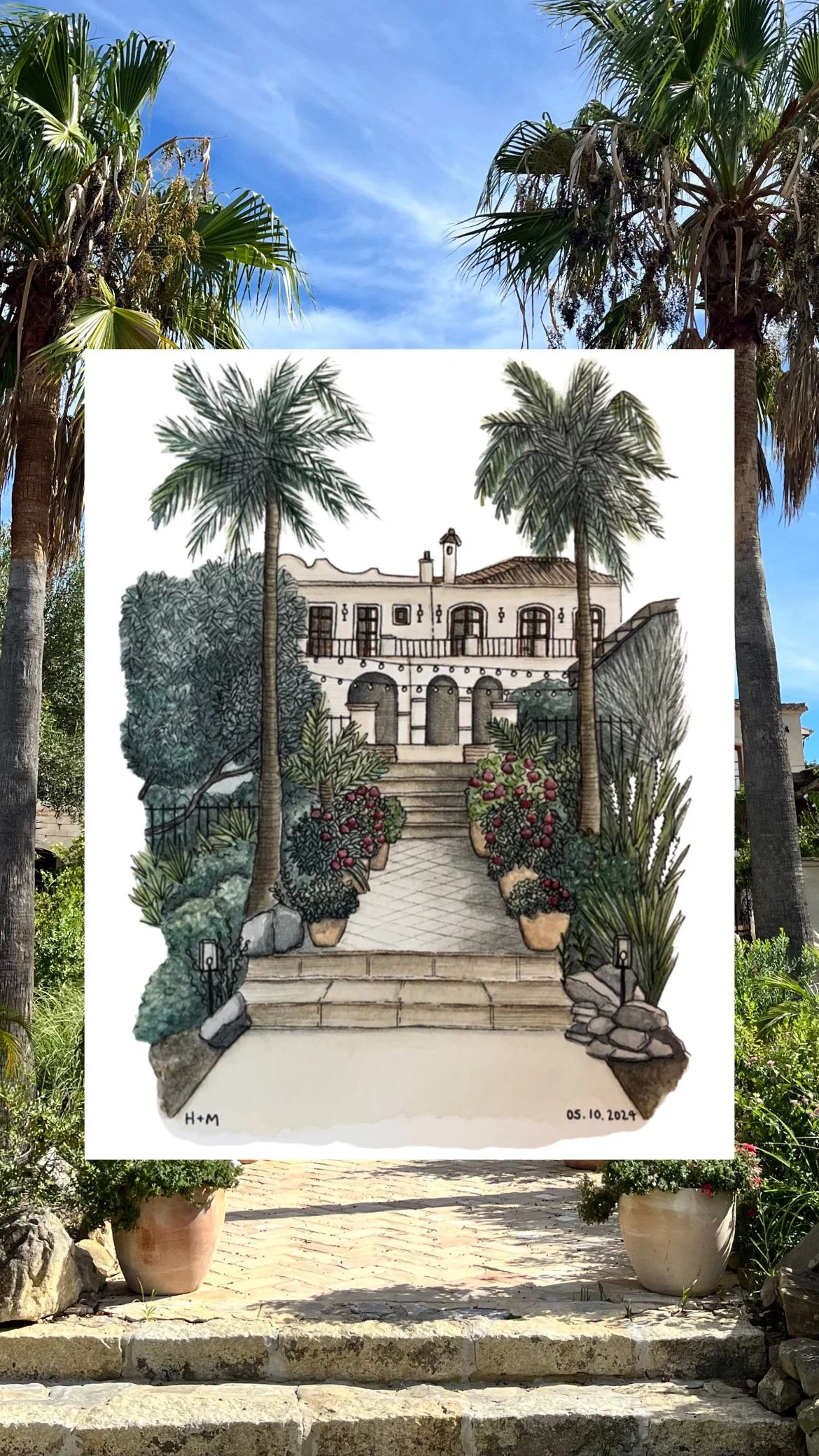 A sketch of a house surrounded by plants, trees, and potted flowers, with a stairway leading up to the house. The sketch is placed outdoors against a background of palm trees and a blue sky.