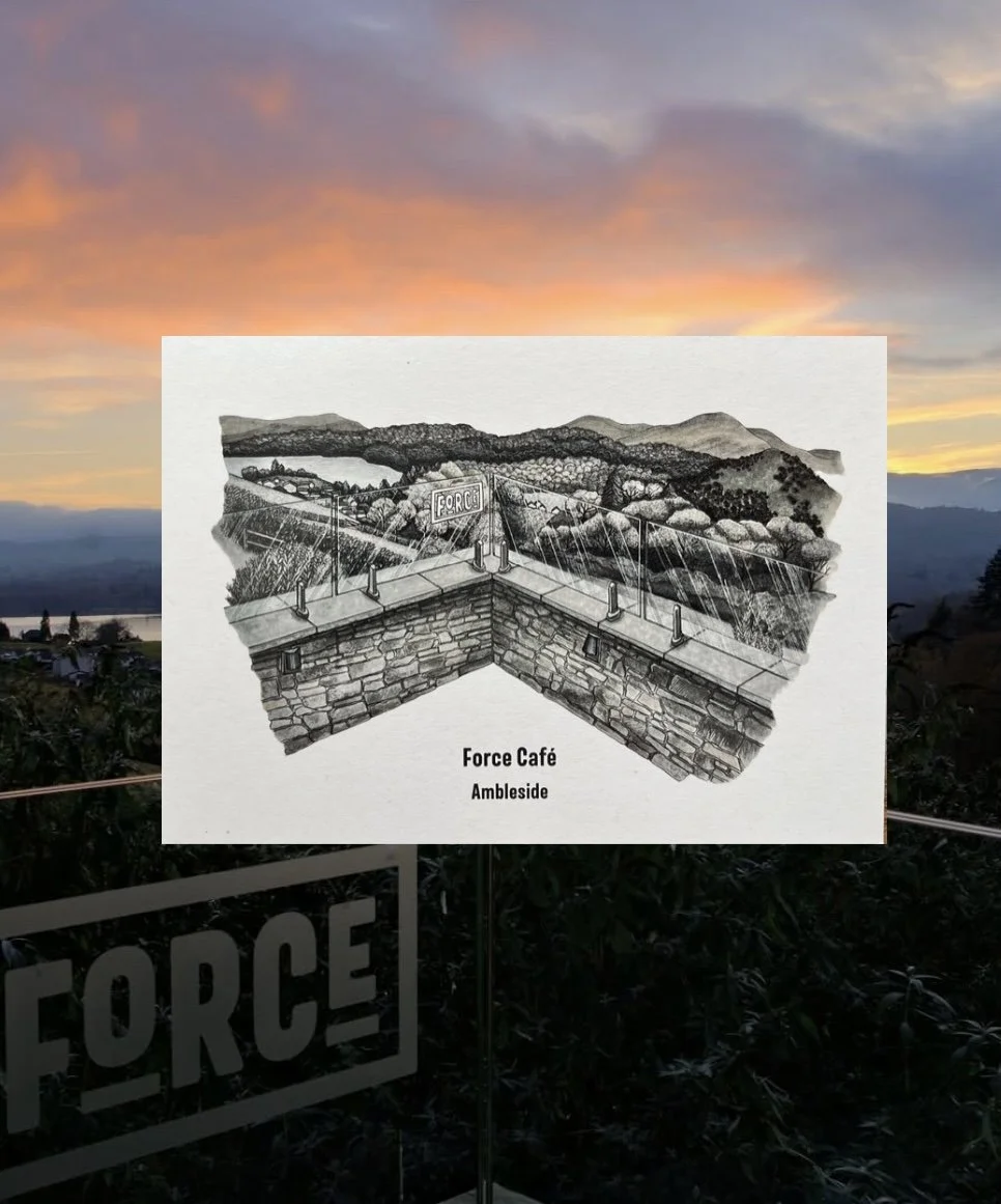 A sketch of a viewing platform with a stone wall in the foreground, overlooking mountains, trees, and a body of water in the background during sunset. Text on the sketch reads "Force Café Ambleside."