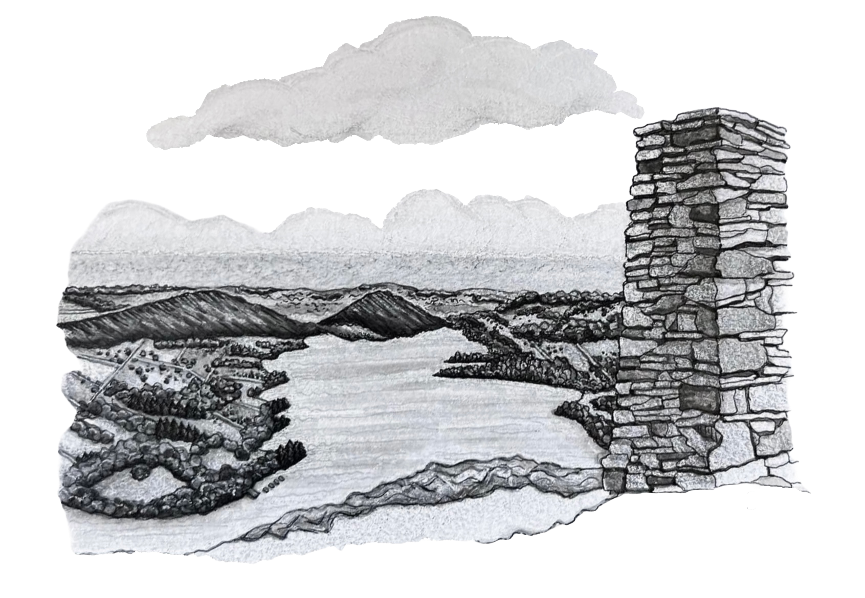 Black and white drawing of a scenic landscape with a lake, rolling hills, mountains in the background, and a stone chimney on the right side.