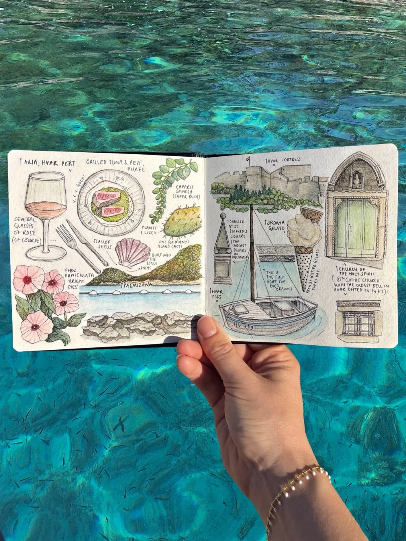 A hand holding a sketchbook with sketches of food, flowers, and a castle, held over a clear blue swimming pool.