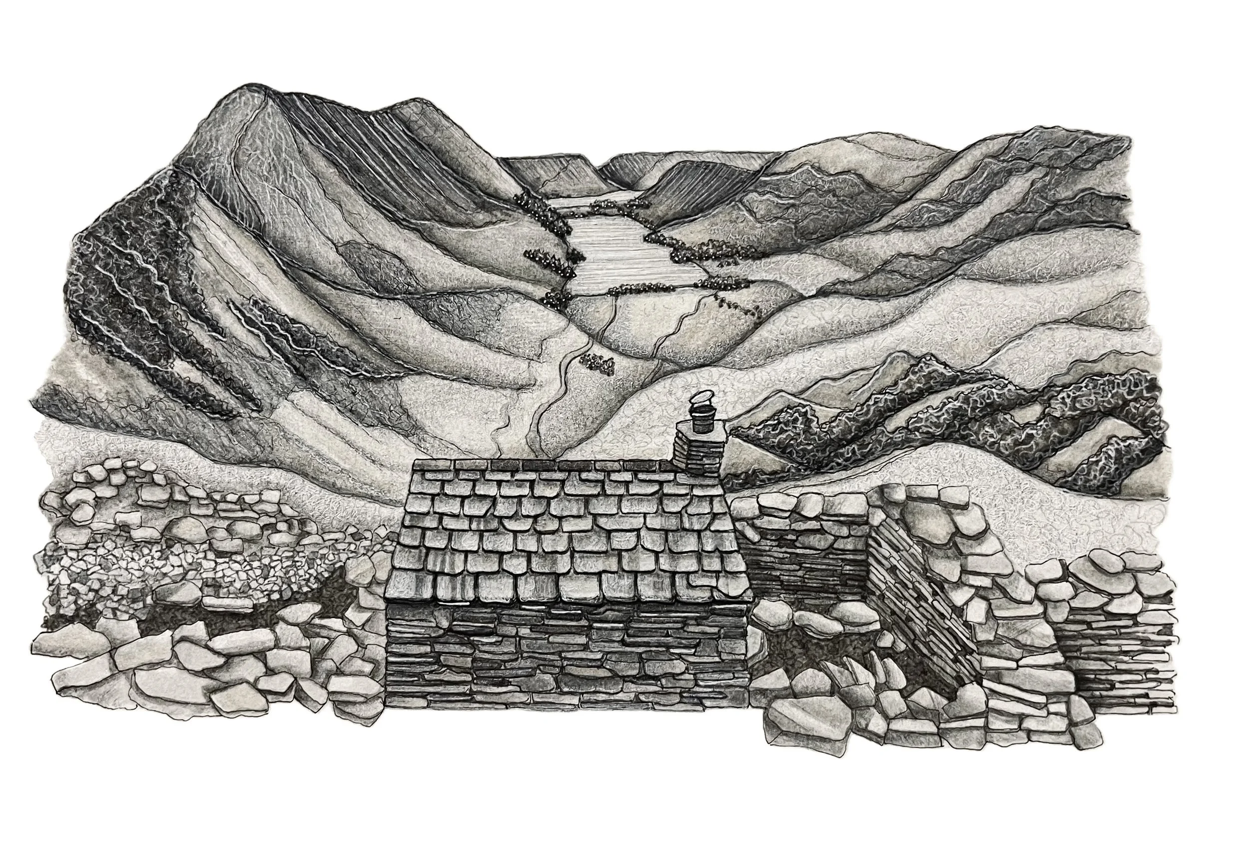 Black and white drawing of a mountain landscape with a stone cottage in the foreground, surrounded by rocky terrain, and mountain ranges in the background.