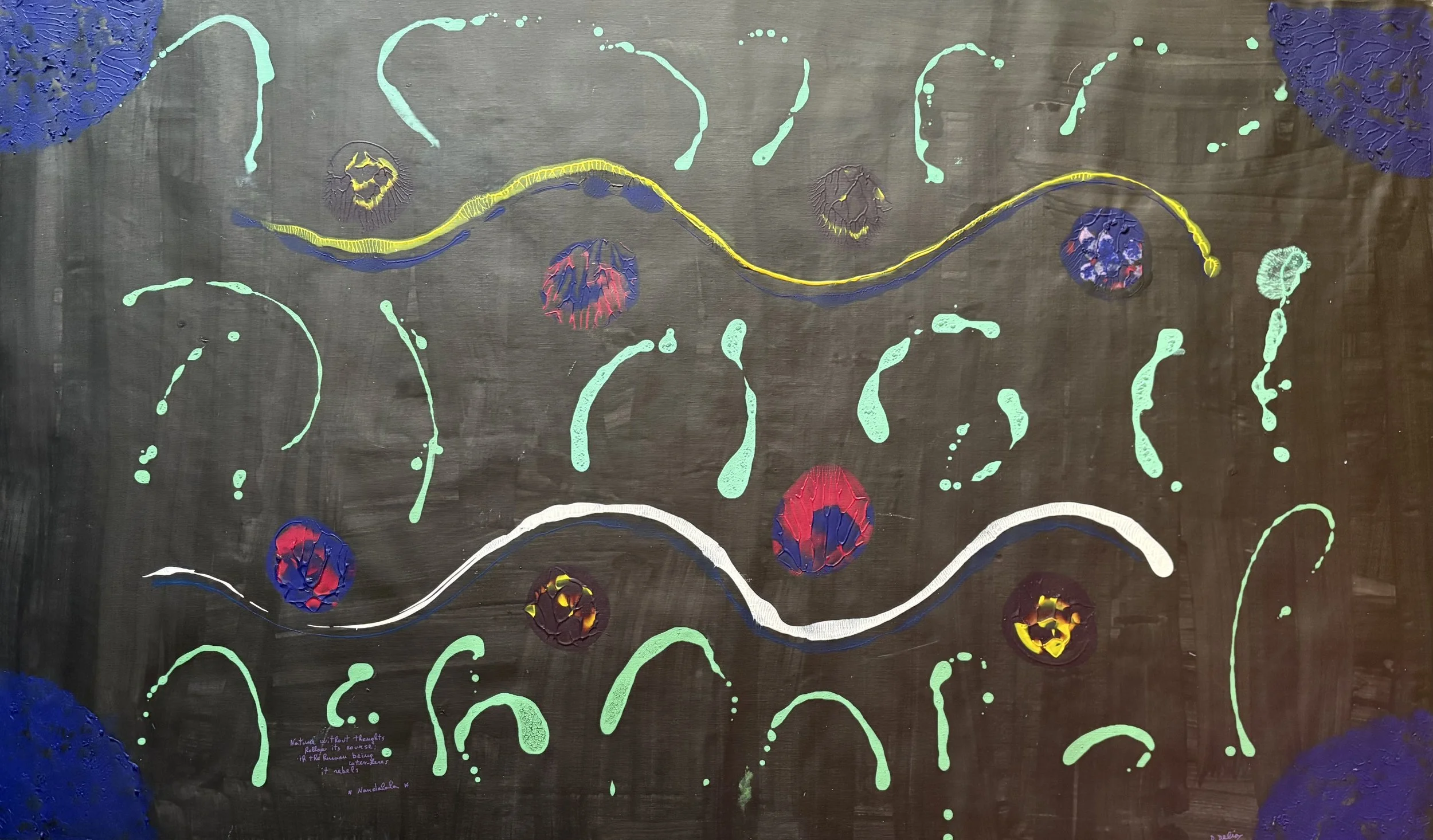 "Nature without thoughts follow its course; If human being interferes, it rebels" Nandalala 96cm x 158