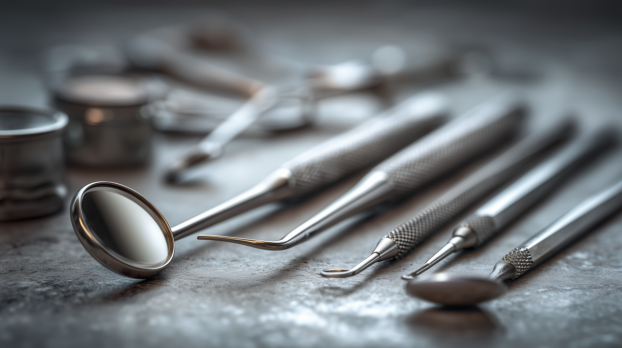 Dentalinstrument som ligger utströdda på en yta