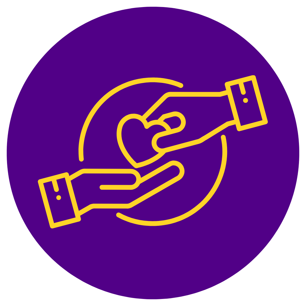 A circular purple icon with two yellow hands holding a heart and a bandage, symbolizing care or healing.