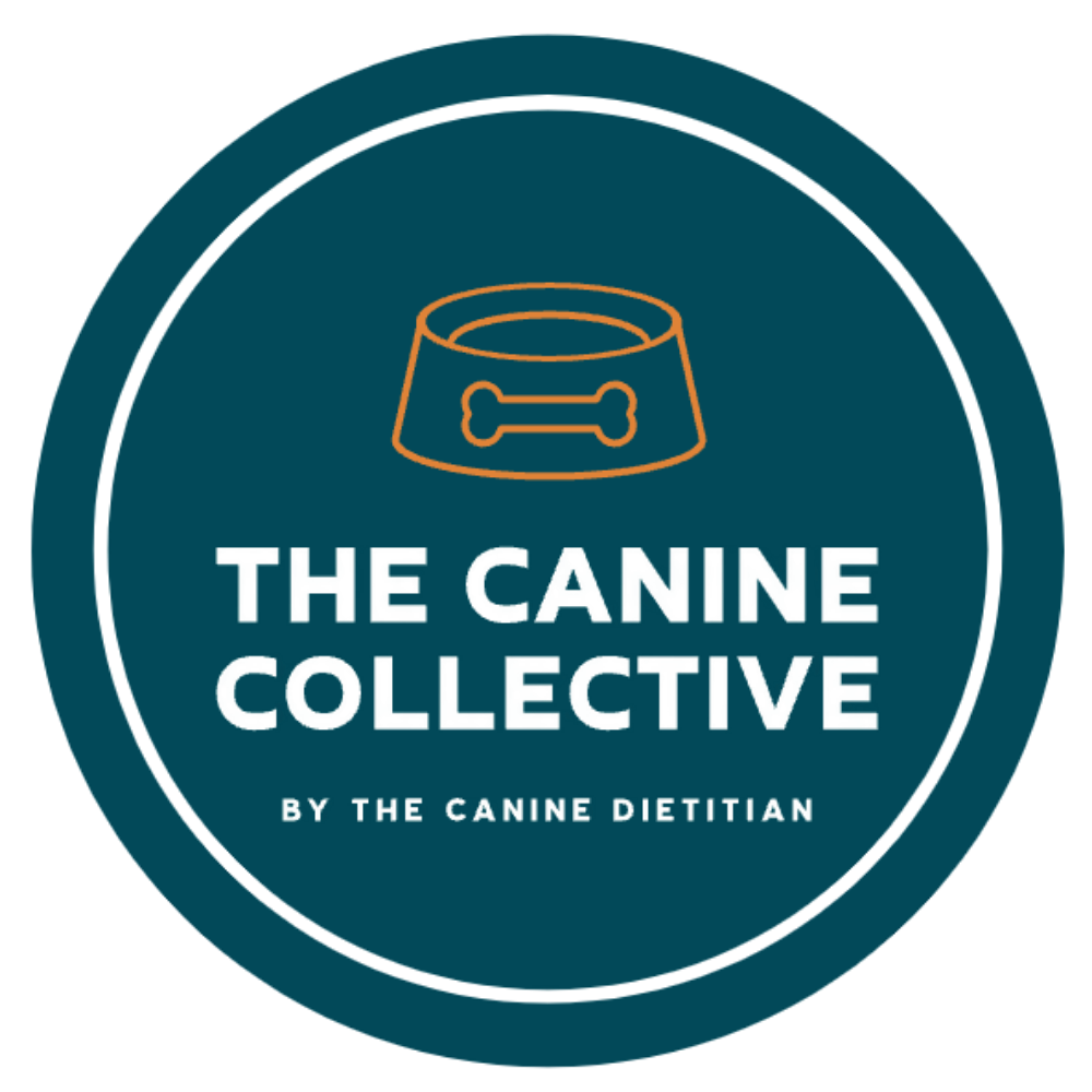 The Canine Collective Logo a blue circle with white text and an orange outlined dog good bowl