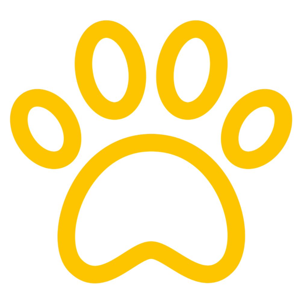 Yellow outline of a paw print with four toes and a pad.
