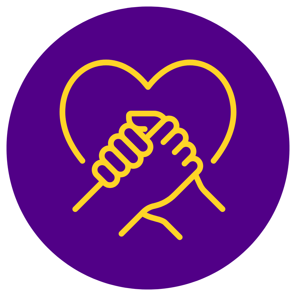 a gold outline of two hands holding each other with a heart behind
