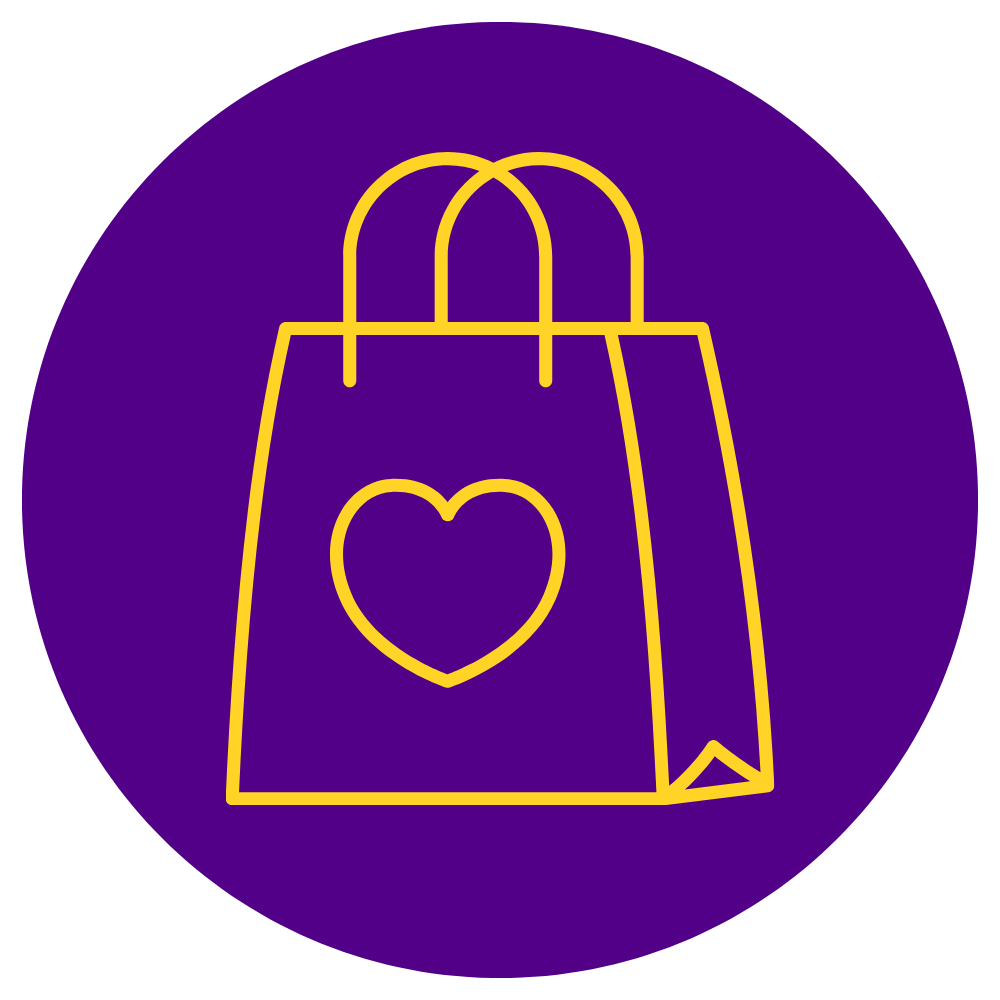 A yellow line drawing of a shopping bag with a heart on it, set against a purple circular background.
