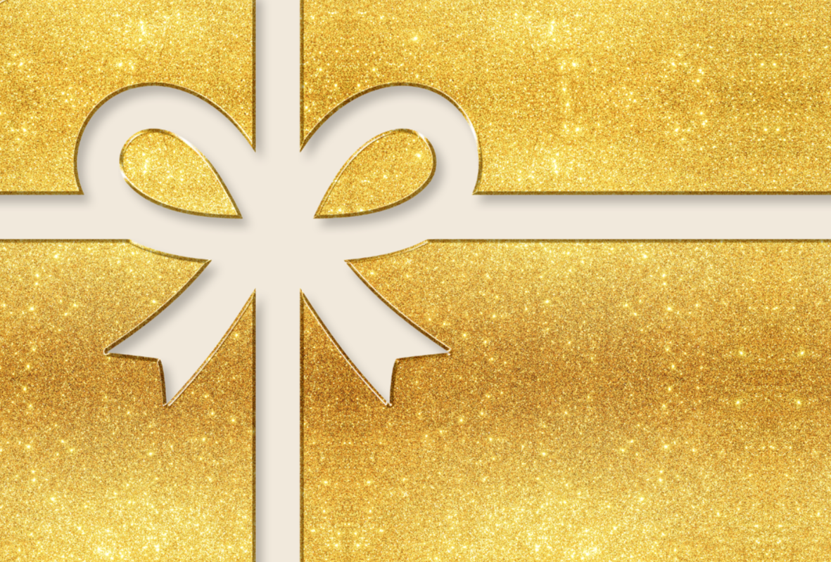Goldene glitzernde Geschengutscheingrafik mit weißer Schleife.