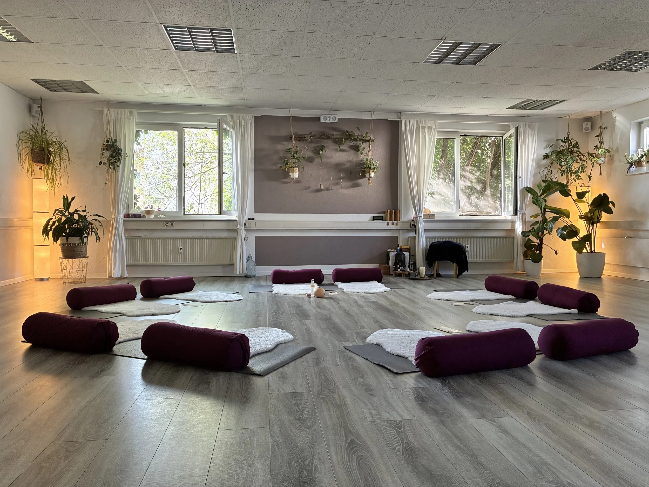 Gemütlicher Raum mit hellem Holzlaminat, Yogamatten im Kreis angeordnet auf dem Felle Und Kissen zum sitzen sind, verschiedene Zimmerpflanzen sowohl hängend an der Decke, Wand und stehend in den Ecken, warmes Licht und Lavendelfarbene Wände