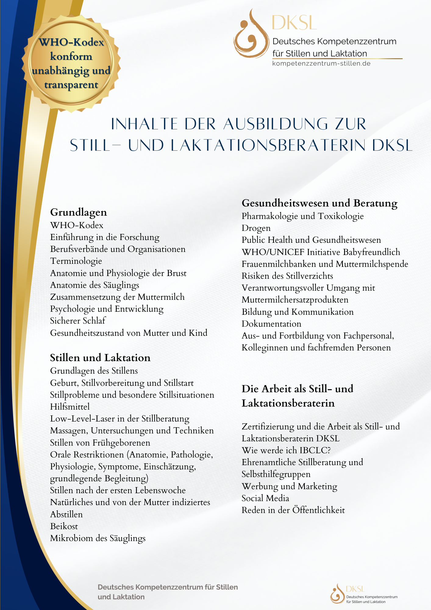 Informationsblatt über die Ausbildung zur Still- und Laktationsberaterin beim Deutschen Kompetenzzentrum für Stillen und Laktation (DKSL).