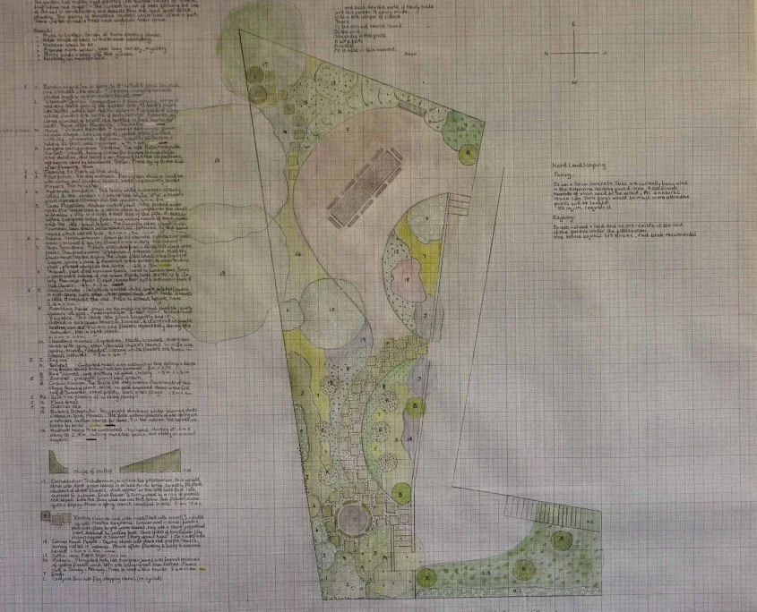 A hand-drawn plan of the garden design for Chelwood House.