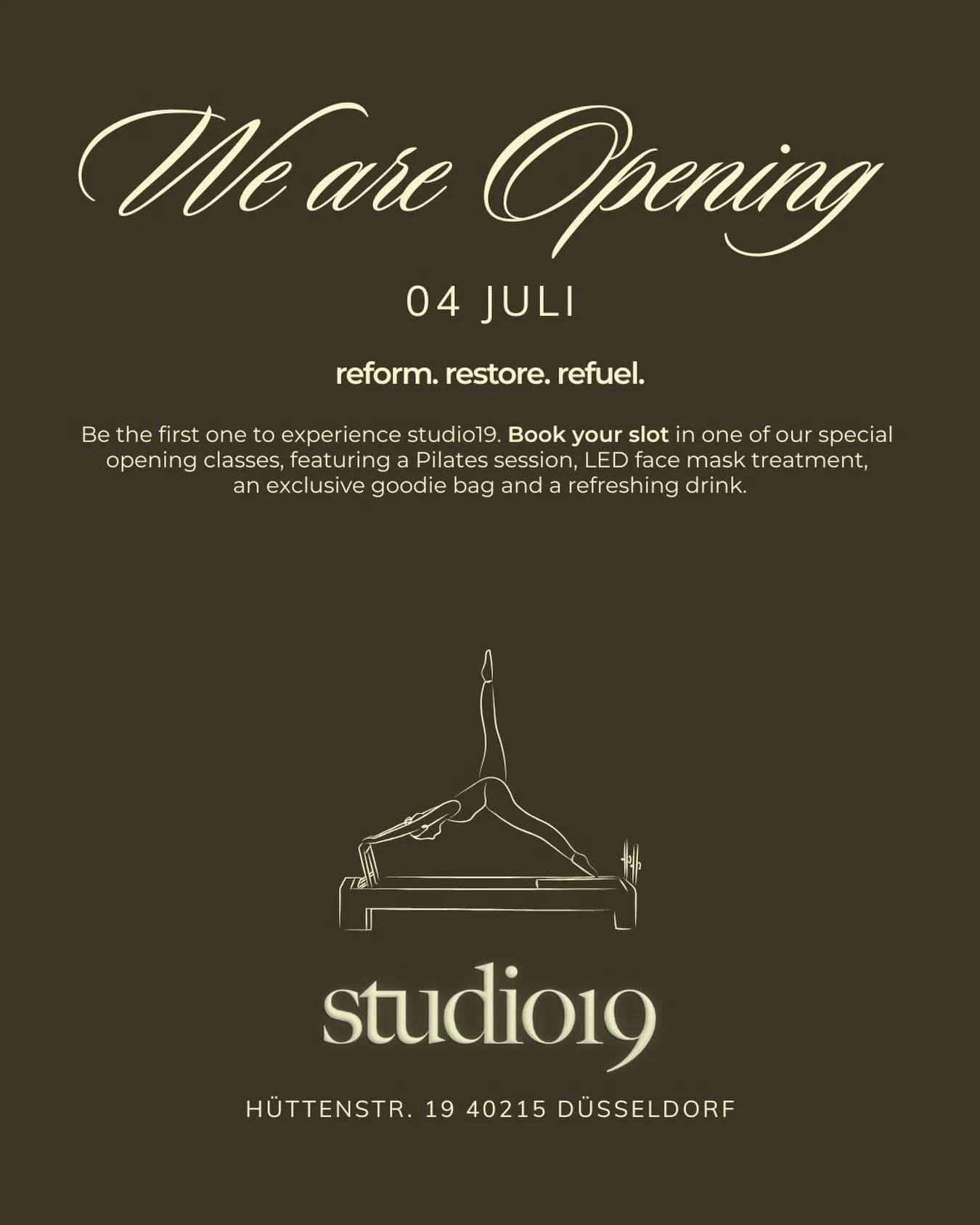 Das Warten hat endlich ein Ende! Wir &ouml;ffnen unser Studio ab dem 04.07. f&uuml;r euch und haben uns daf&uuml;r etwas ganz besonderes einfallen lassen. Eine Special Opening Class, die daf&uuml;r da ist, einen ersten Eindruck zu bekommen, alle drei