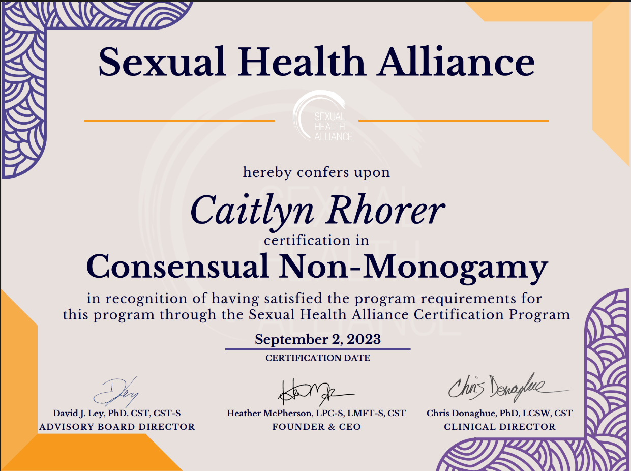 Caitlyn Rhorer consensual non-monogamy CNM Polyamory certification therapist