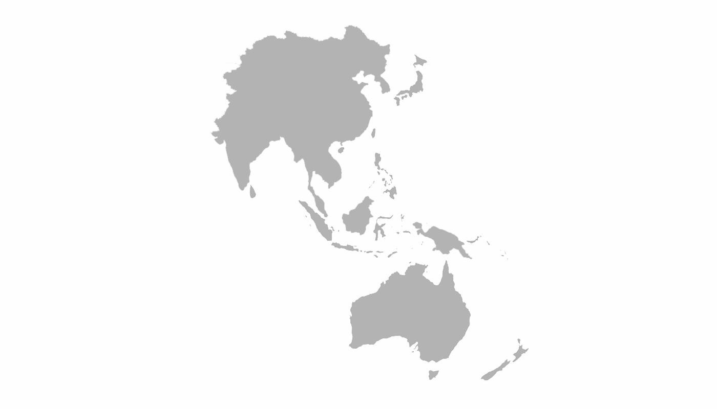 A gray silhouette map of Asia and Oceania, showing countries like Russia, China, India, Japan, Philippines, Australia, and New Zealand on a white background.
