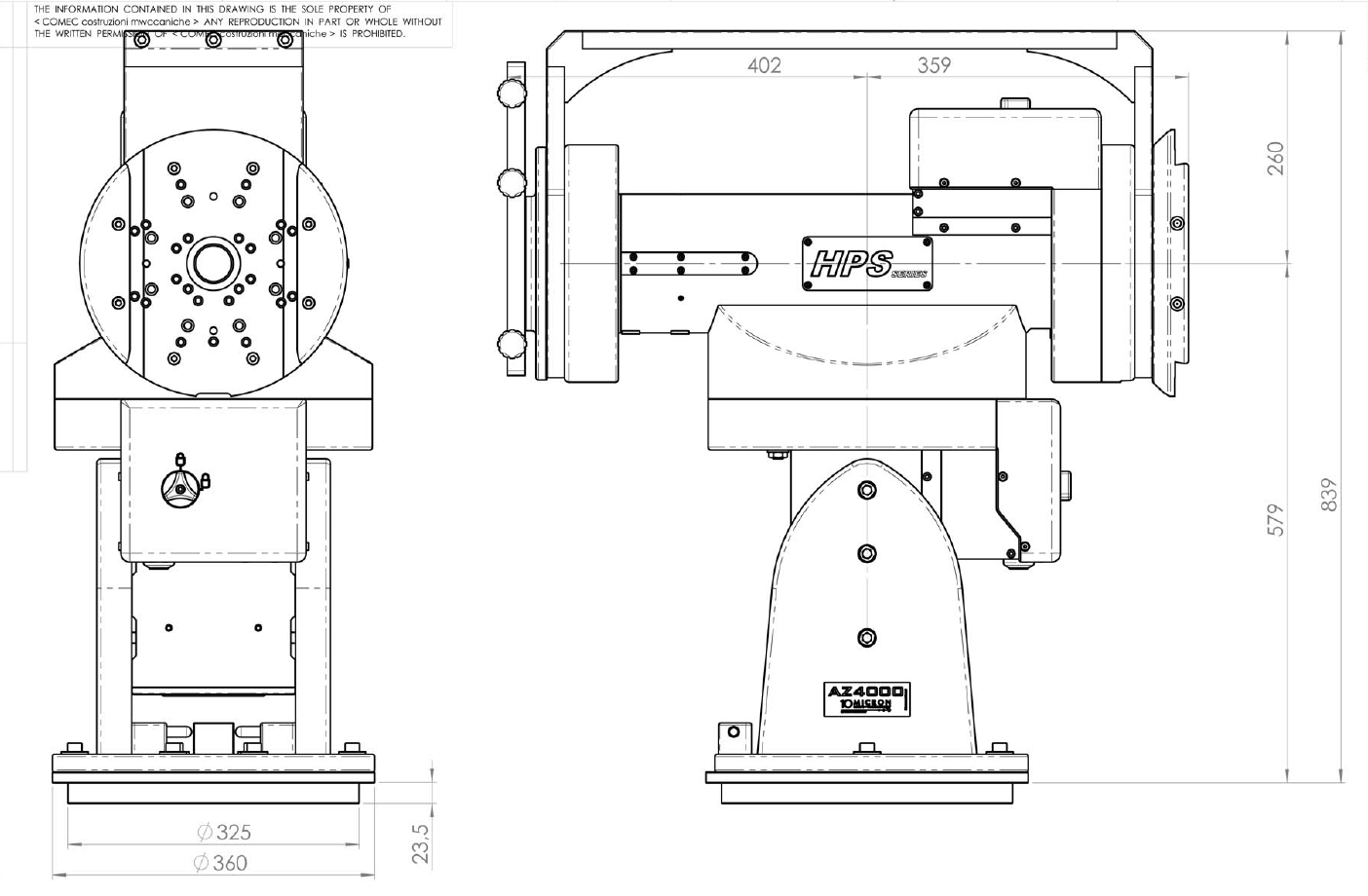 Technical drawing of a machinery component with detailed dimensions and labels, including front and side views, featuring a motor labeled 'HPS'