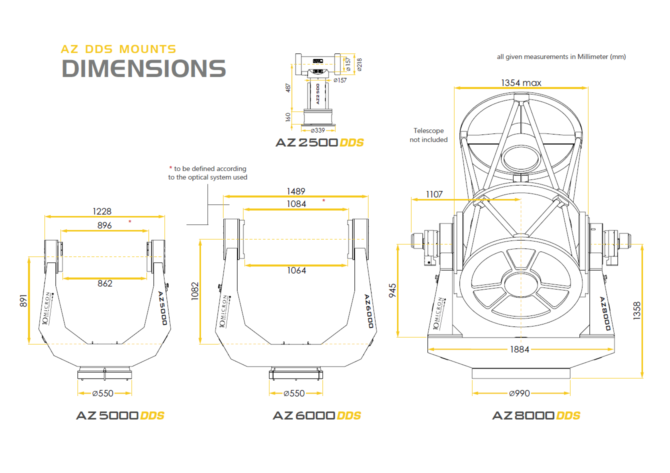 Technical drawing showing dimensions and measurements of AZ DDS mount models AZ 5000DDS, AZ 6000DDS, and AZ 8000DDS with detailed measurements for each model in millimeters.
