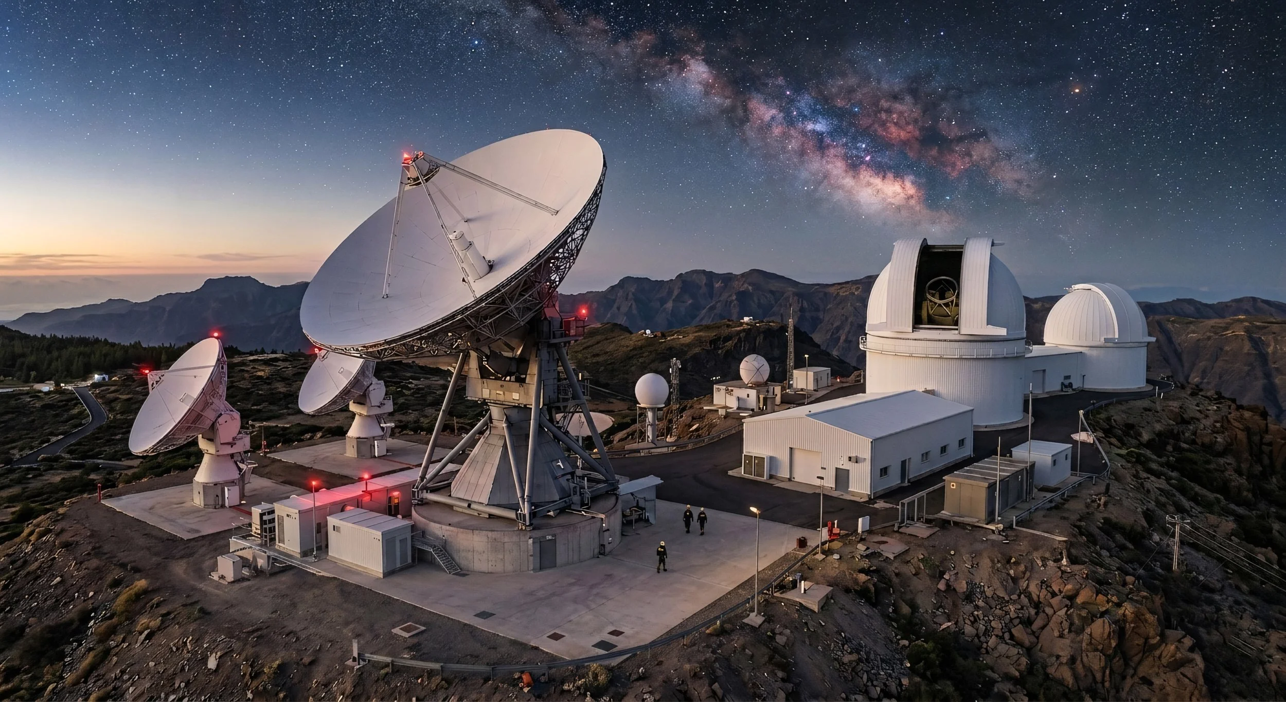 Radio telescopes on a mountain under a starry night sky with the Milky Way galaxy visible.