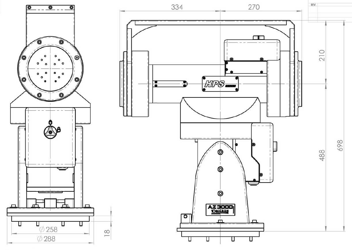 Technical drawing of a robotic arm with dimensions labeled in millimeters, showing front and side views with various mechanical components.
