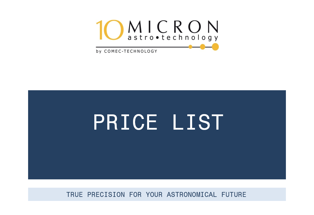 Cover page of a price list booklet for 10Micron astro-technology, with the subtitle 'True precision for your astronomical future.'