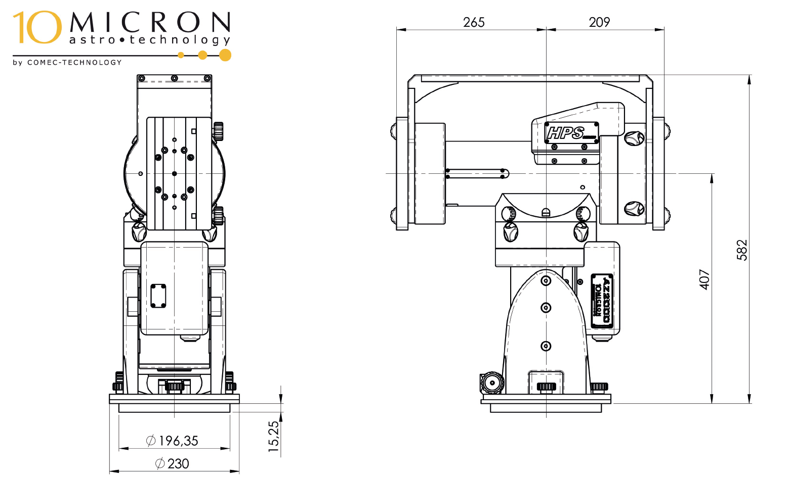 Technical drawing of a mechanical device, showing front and top views with dimensions labeled in millimeters.