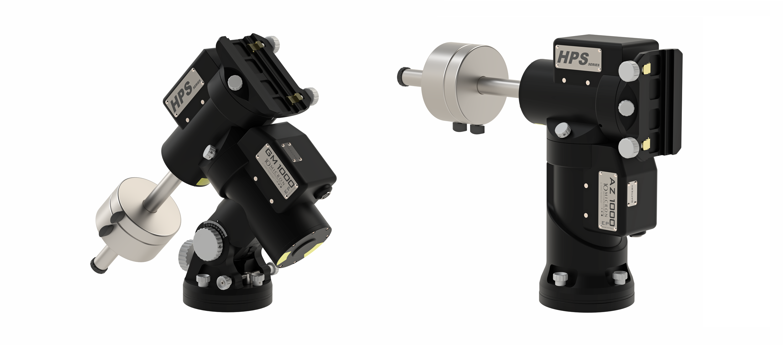 Two astronomical telescopes with black and metallic components, mounted on adjustable bases, labeled with specifications.