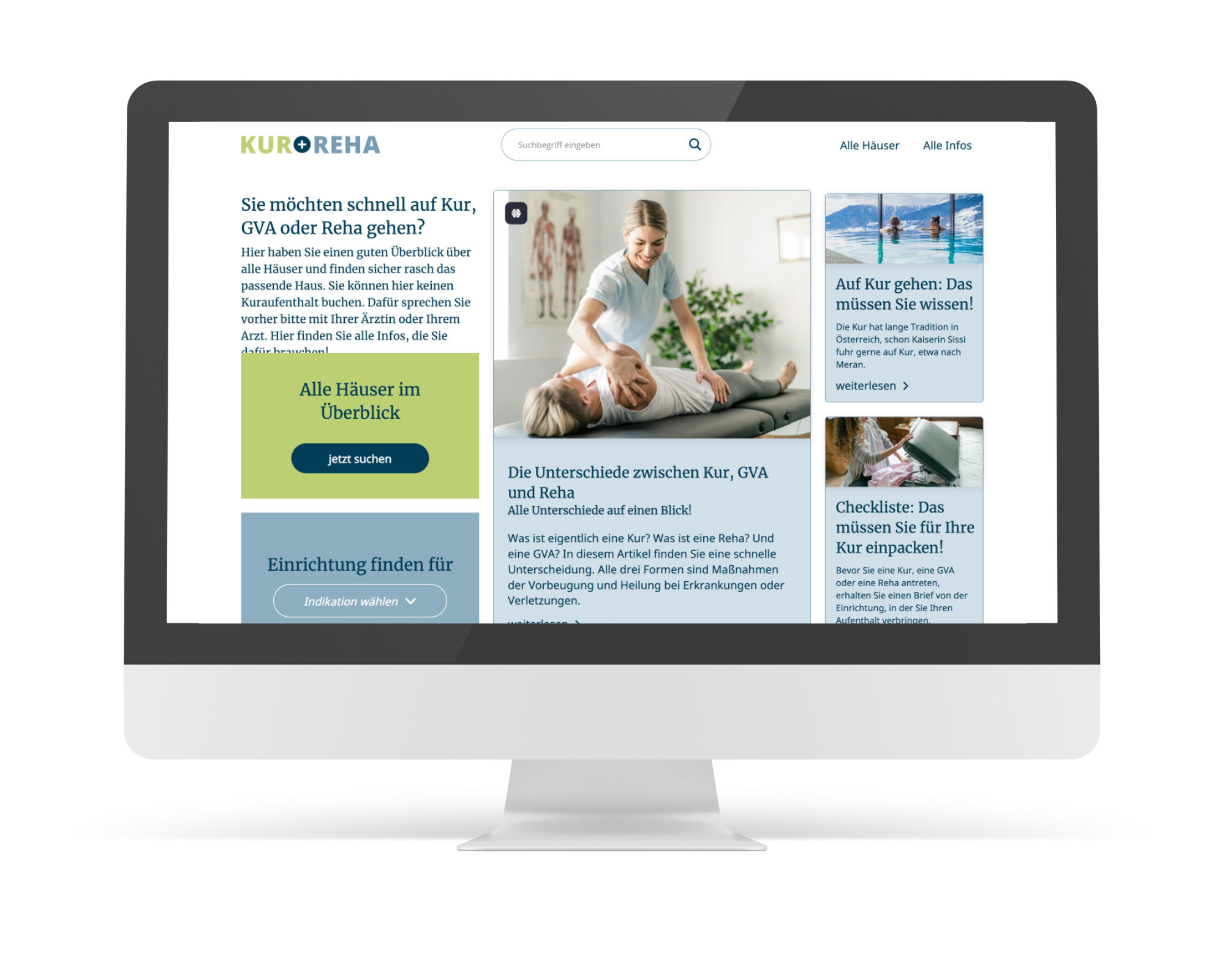 Screenshot einer Website zum Thema Kur, GVA und Reha mit Texten und Bildern, darunter eine Frau bei der Physiotherapie, und Buttons für weitere Infos.