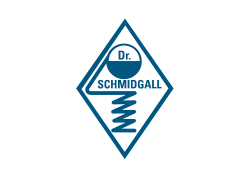 Logo mit einem blauen umgekehrten Diamanten, darin steht 'Dr. Schmidgall' über einer gewundenen Feder oder Spirale.