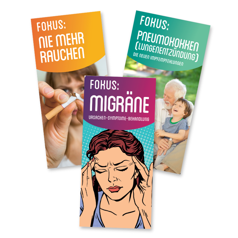 Drei Broschüren über gesundheitliche Themen, jede mit einem Titel und einem passenden Bild.
